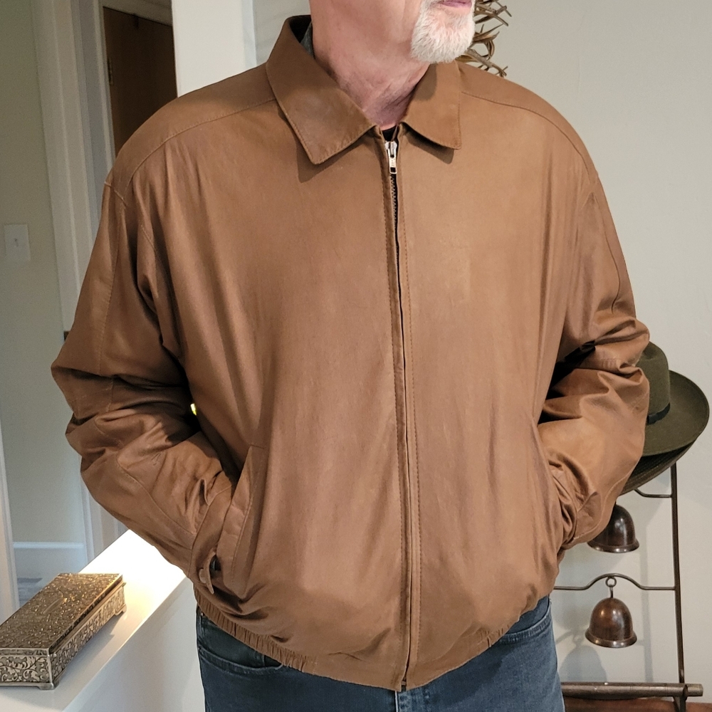 REMY Men's Leather Lambskin Jacket Bomber Zip Front Cognac Side Back Pleated 42